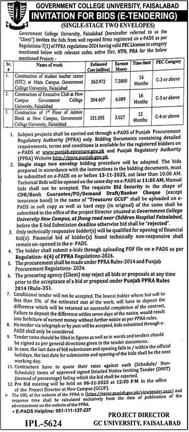 Government College University Faisalabad Tender Notice